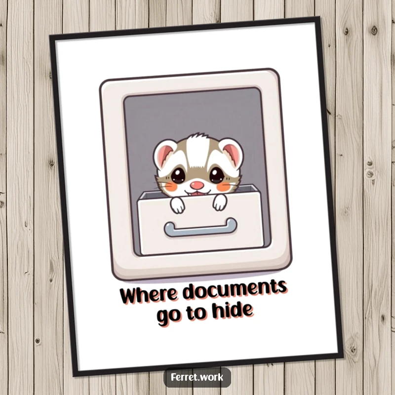 Funny Free Printable Wall Art: Mischievous kawaii office ferret peeking out from a slightly open file cabinet drawer, inviting a game.