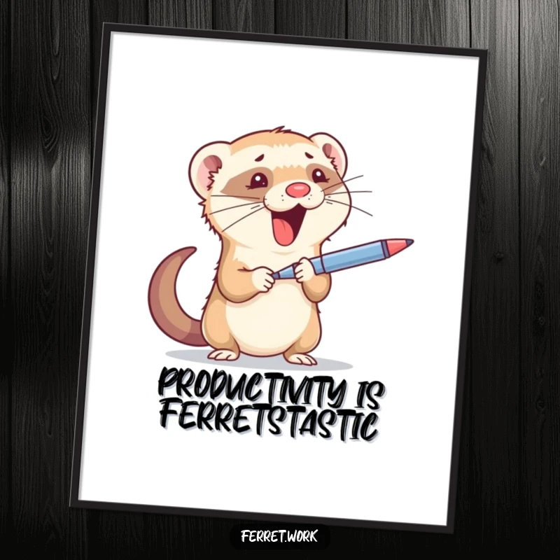 Funny Free Printable Wall Art: A busy ferret humorously juggles a pen and stapler against a crisp background, showcasing office antics.