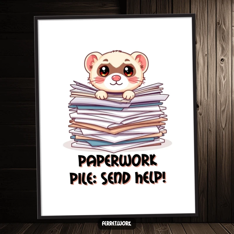 Funny Free Printable Wall Art: Kawaii office ferret peeking out from an extreme overflow of paperwork with comically large eyes.