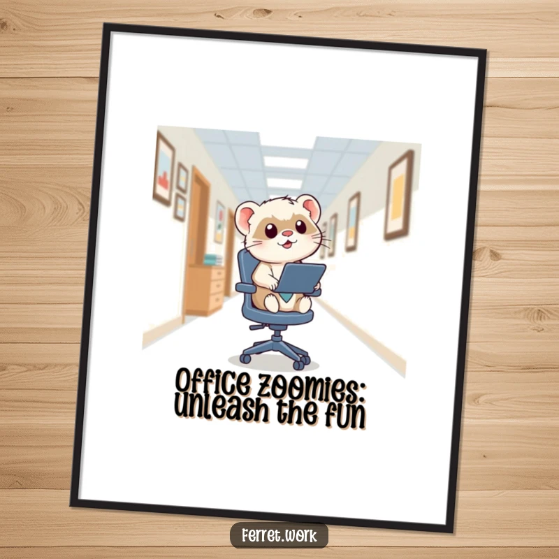 Funny Free Printable Wall Art: Kawaii office ferret on a squeaky swivel chair, zooming down a hallway with wild abandon.