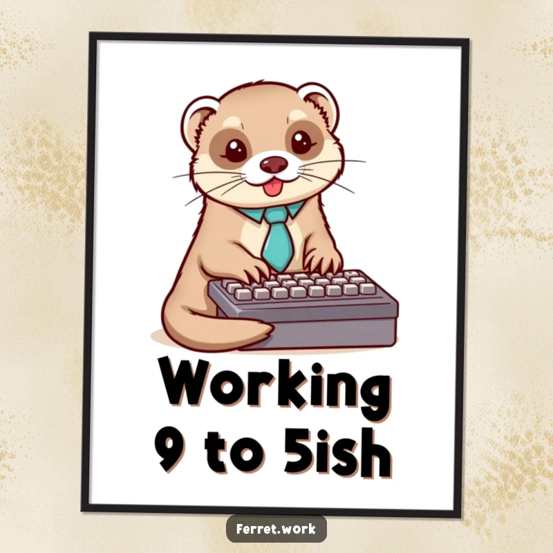 Funny Free Printable Wall Art: A ferret wearing a tiny tie, typing enthusiastically on a keyboard with a focused expression.