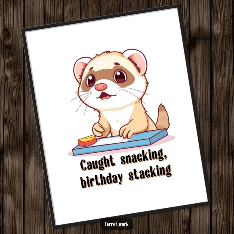 Funny Free Printable Wall Art capturing a ferret with a shocked expression, caught indulging in snacks at a cluttered desk.