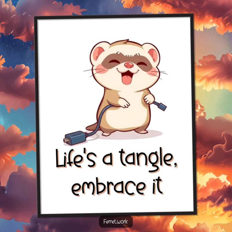Funny Free Printable Wall Art: A ferret comically tripping over a dangling power cord, capturing a moment of hilarious chaos.