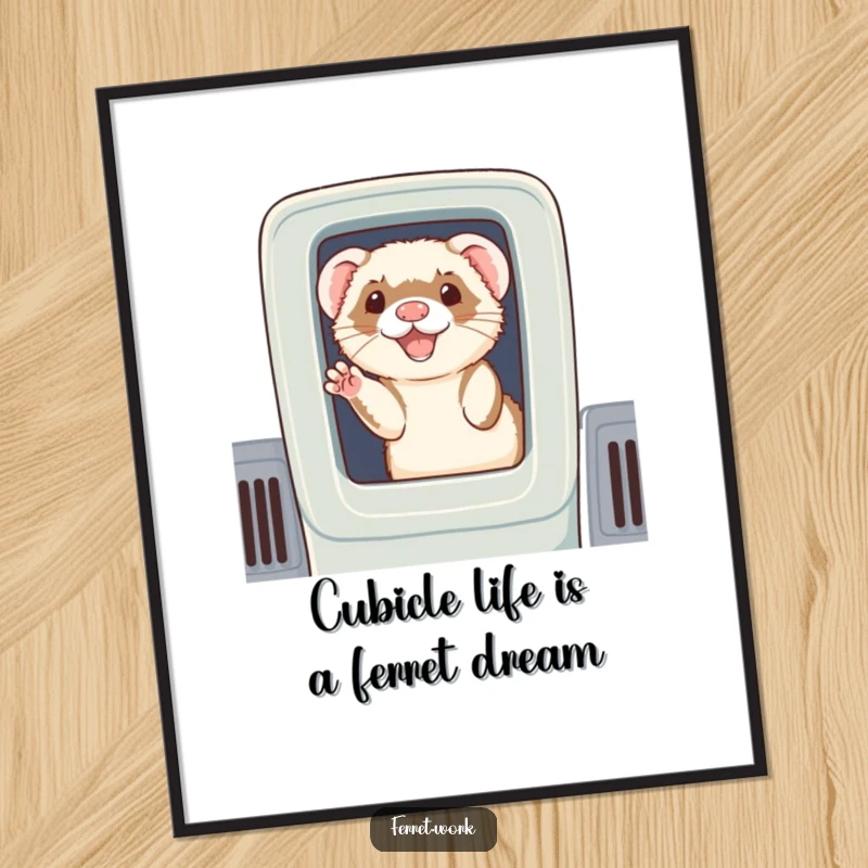 Funny Free Printable Wall Art: A cheerful ferret waves from a cubicle, capturing the essence of quirky office life and humor.