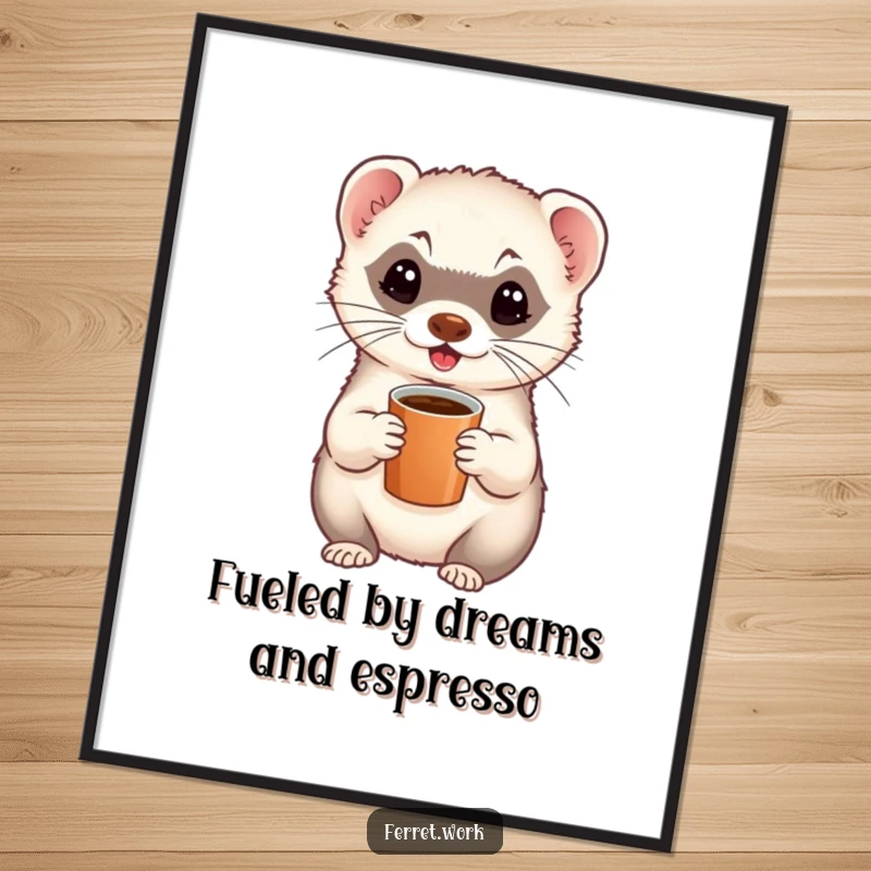 Funny Free Printable Wall Art: An energetic ferret with a tiny coffee cup, bringing a jolt of humor to your decor.