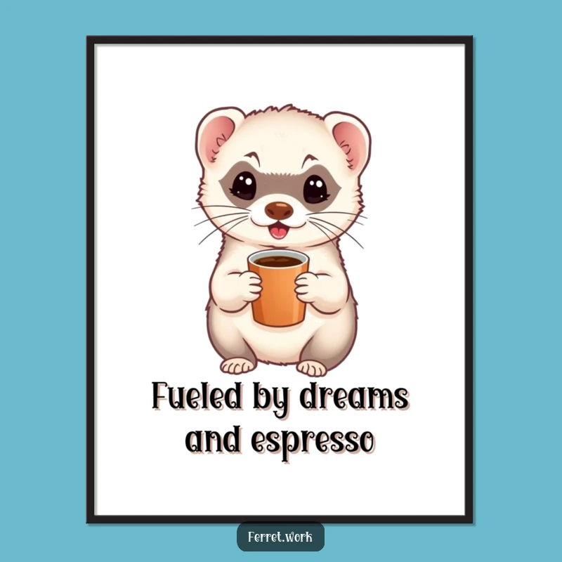 Free Printable Wall Art: Energetic Ferret with Coffee, Funny Downloadable Decor