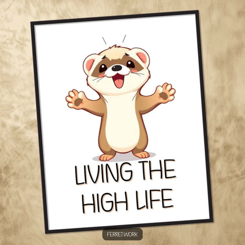 Funny Free Printable Wall Art: Cute ferret with all four paws triumphantly in the air, celebrating a huge win with an excited squeak.