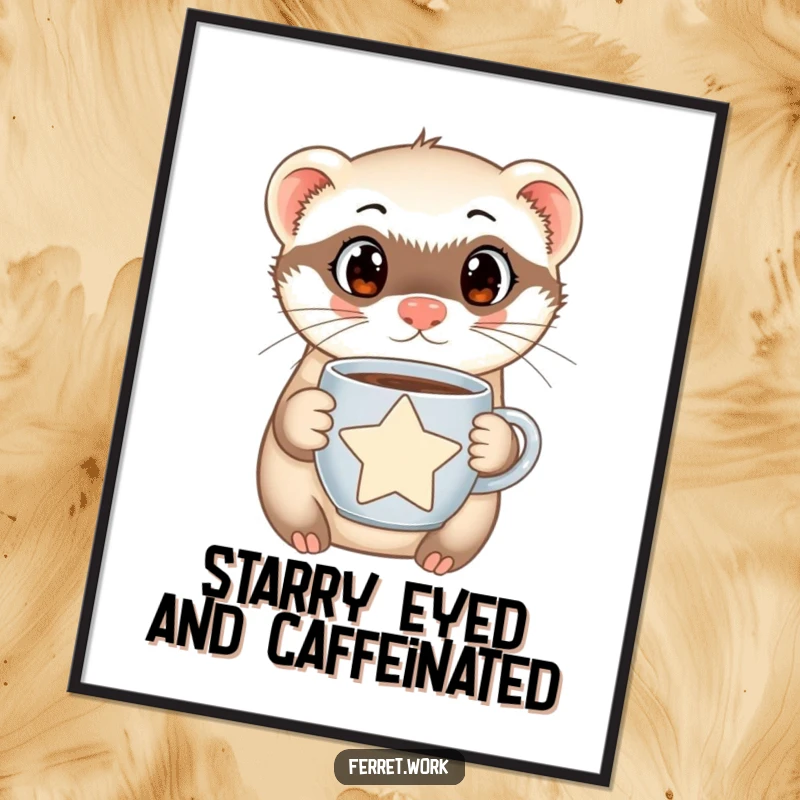 Funny Free Printable Wall Art: Curious ferret with big eyes holding a steaming star coffee mug, adding quirky charm to any room.