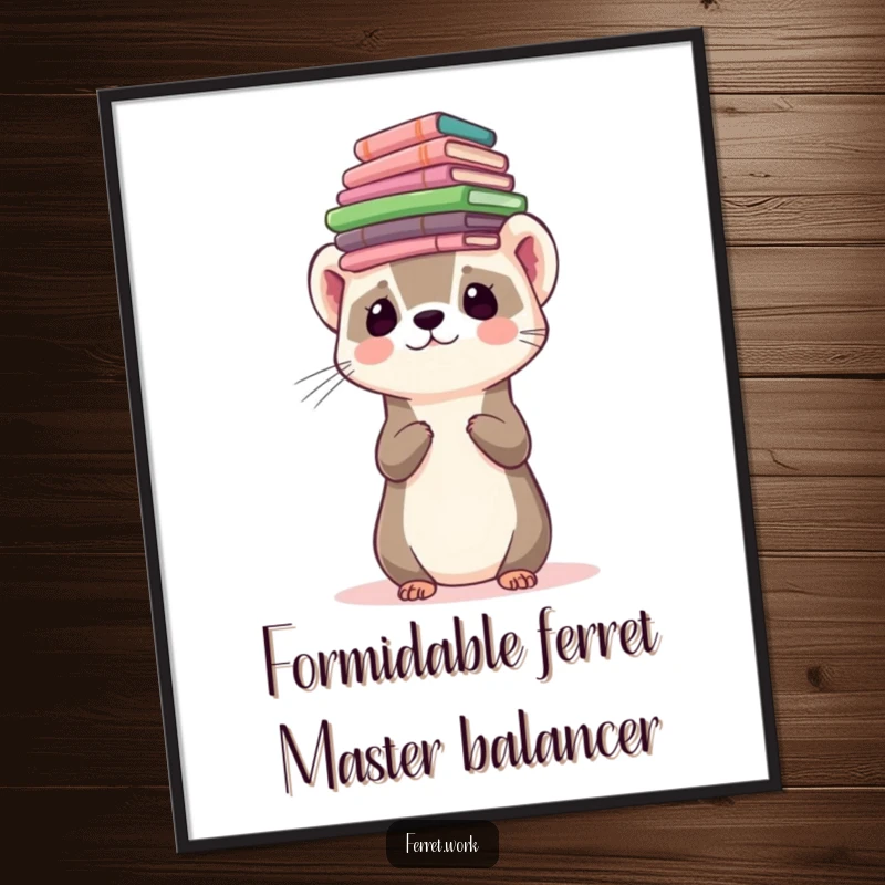 Funny Free Printable Wall Art: An adorable ferret with a determined look balancing a huge stack of documents on its head.