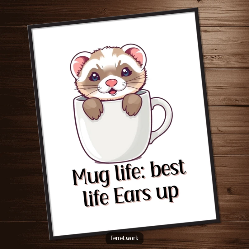 Funny Free Printable Wall Art: A ferret is playfully hiding inside a coffee mug, with just its small ears visible.