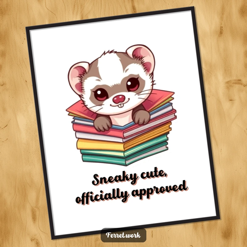 Funny Free Printable Wall Art: A kawaii ferret with a mischievous glint peeks playfully from a stack of colorful folders.