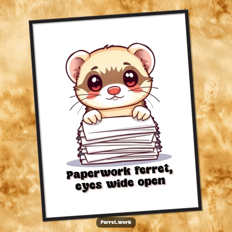 Funny Free Printable Wall Art: A cute kawaii office ferret peeking over a stack of papers with wide, surprised eyes.