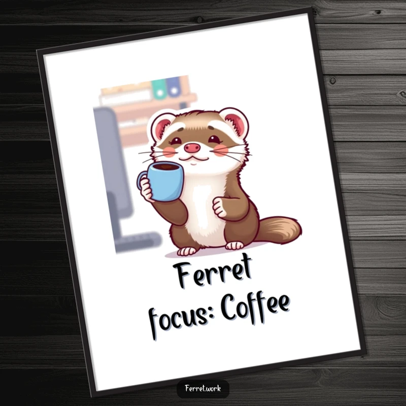 Funny Free Printable Wall Art: Kawaii office ferret with intense focus balancing a steaming coffee mug on its nose.