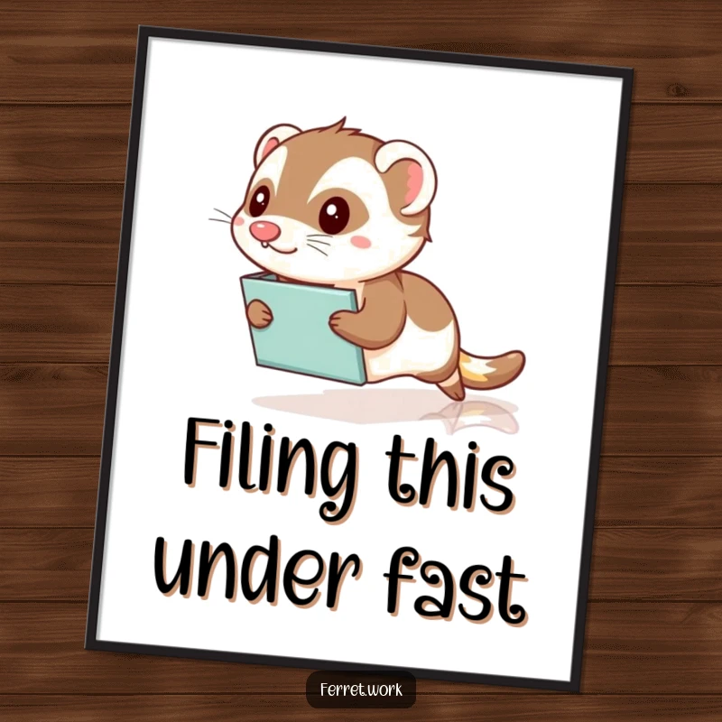 Funny Free Printable Wall Art: Kawaii office ferret in mid-slide across a polished floor, expertly riding a file folder.