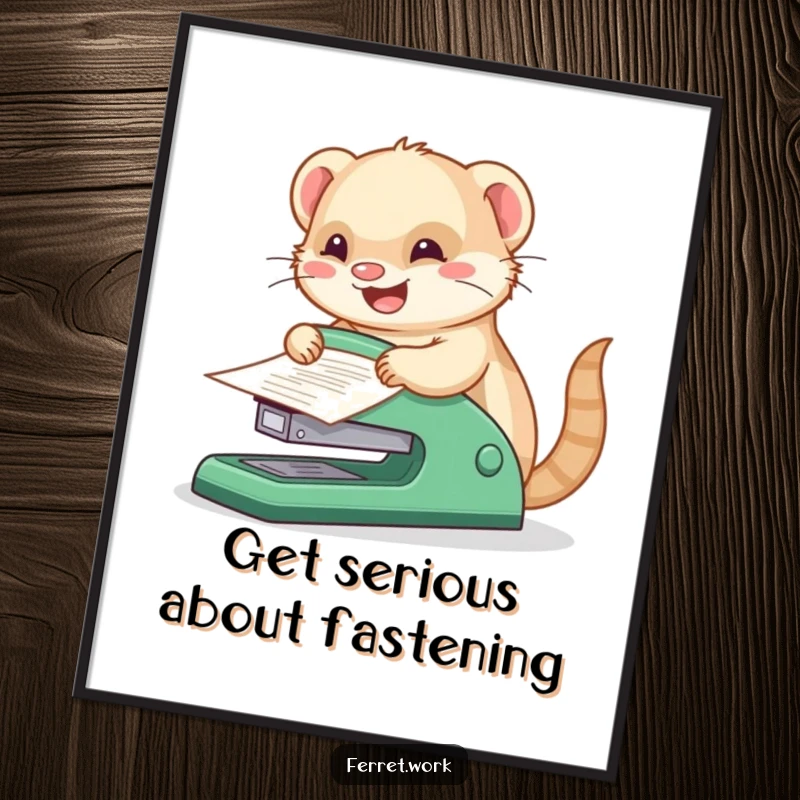Funny Free Printable Wall Art: Kawaii office ferret joyfully using a comically large stapler to bind papers with great enthusiasm.