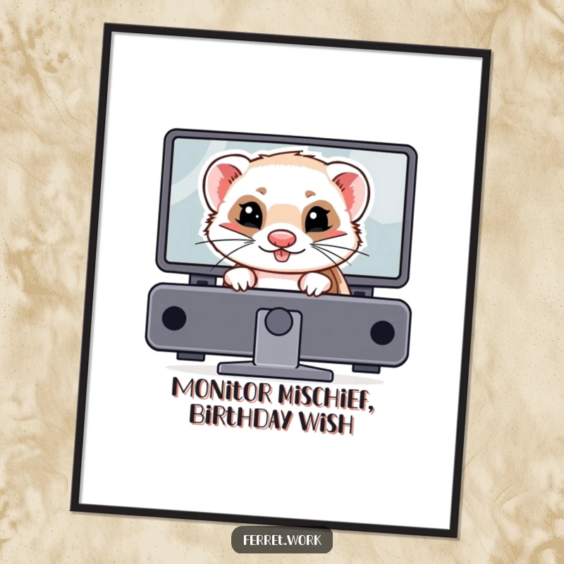 Funny Free Printable Wall Art of a ferret with a gleeful, mischievous grin, playfully hiding behind a computer monitor.
