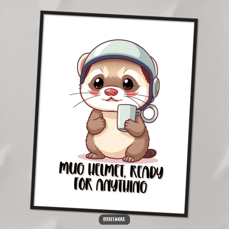 Funny Free Printable Wall Art: A kawaii office ferret uses a coffee mug as a helmet, looking ready for any task.