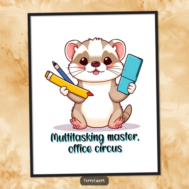 Funny Free Printable Wall Art: A kawaii office ferret skillfully juggles office supplies, adding a touch of whimsy to your decor.