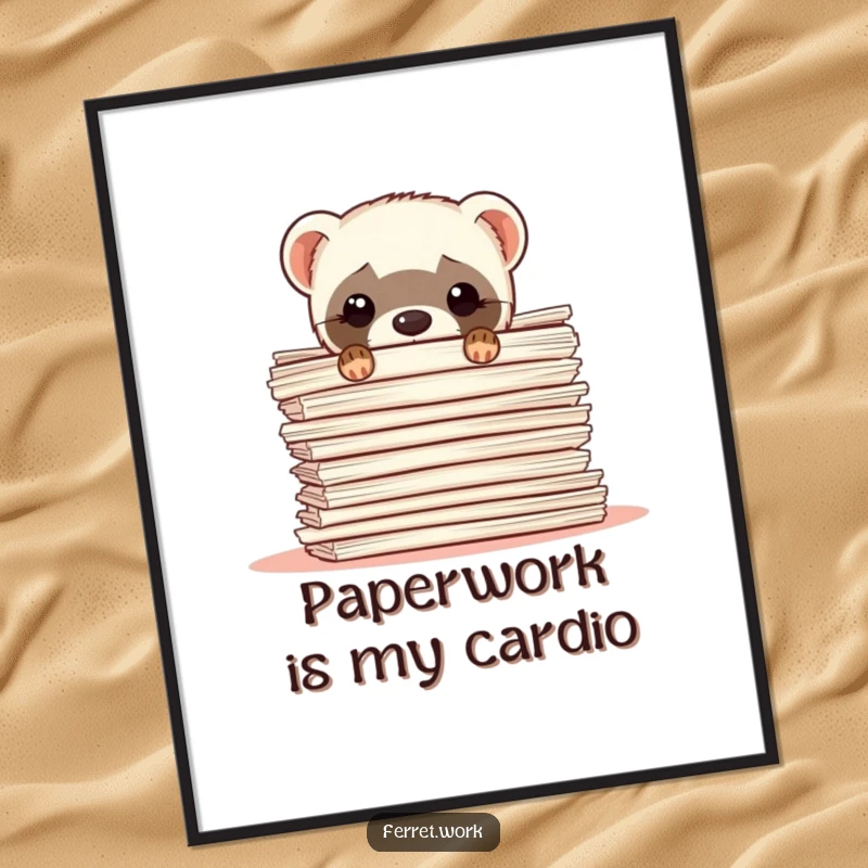 Funny Free Printable Wall Art: A curious ferret peeking out from behind a massive stack of papers, delightful decor.