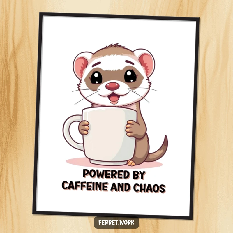Funny Free Printable Wall Art: A ferret with a comically large coffee mug, looking extremely energized and ready for action.