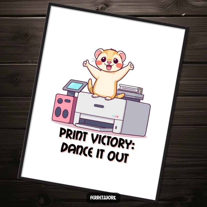 Funny Free Printable Wall Art: Kawaii office ferret doing a hilarious victory dance right on top of a printer with ecstatic energy.