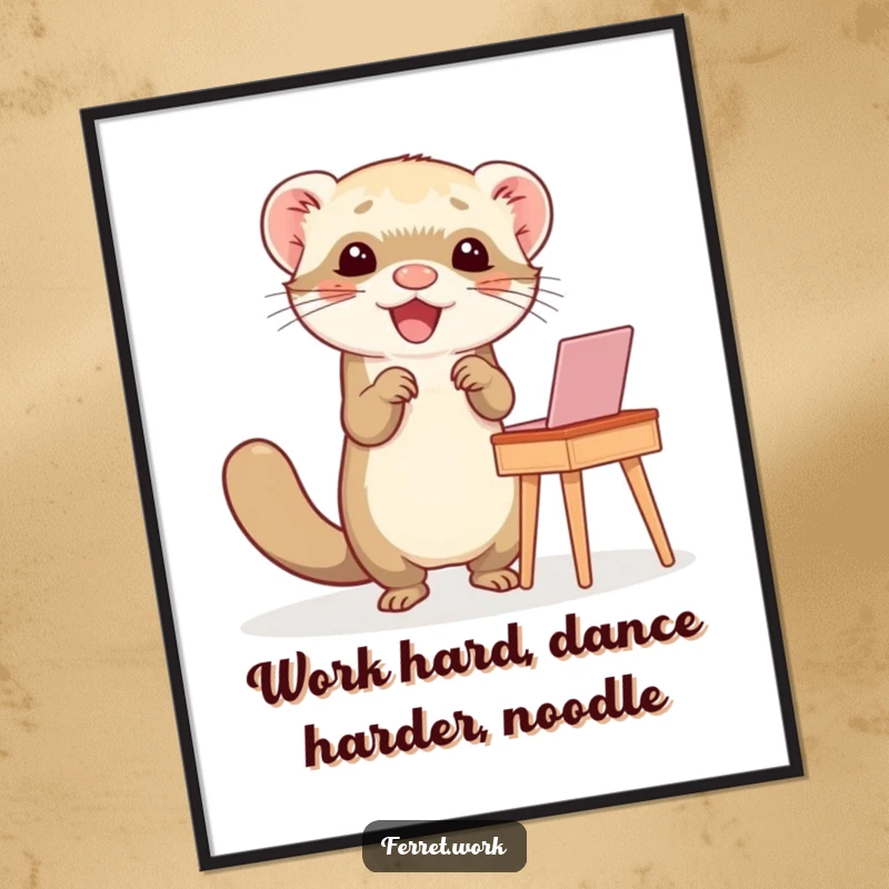 Funny Free Printable Wall Art: A ferret is captured mid-happy dance at a small desk, radiating pure joy.