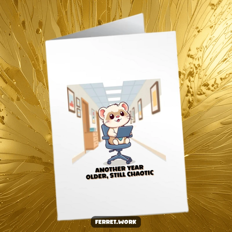 Funny Free Printable Birthday Card: Kawaii ferret on a swivel chair, zooming down a hallway with pure joy and speed.