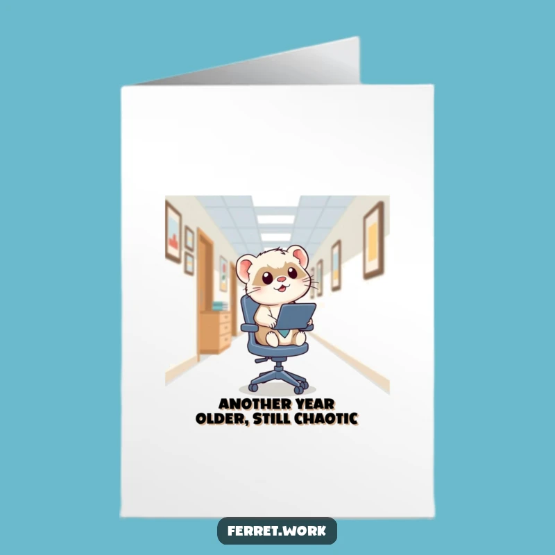Free Printable Birthday Card: Kawaii Ferret Speeding Chair - Funny Downloadable Gift