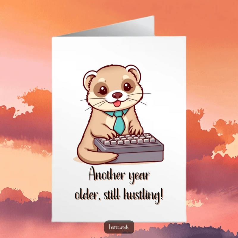 Funny Free Printable Birthday Card: A dapper ferret in a tiny tie enthusiastically typing on a keyboard, ready to party.