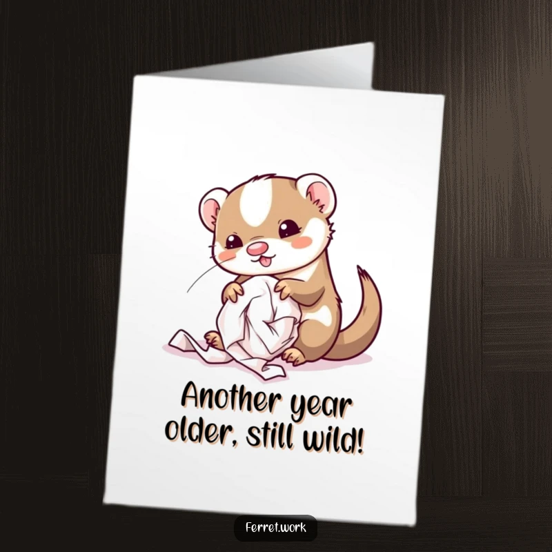 Funny Free Printable Birthday Card: Kawaii office ferret gleefully destroying a crumpled paper ball, office supplies scattered.