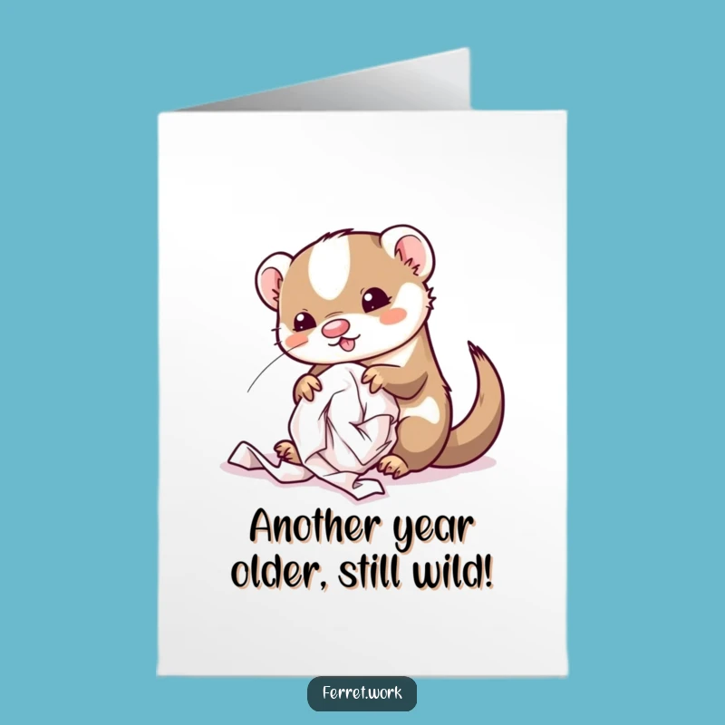 Free Printable Funny Birthday Card: Kawaii Ferret Messing Up Office! Downloadable Fun Gift.