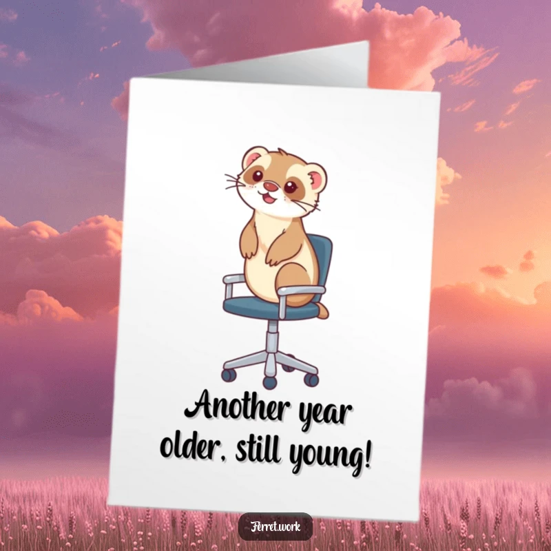 Funny Free Printable Birthday Card: A ferret gleefully rides on top of a rolling office chair, looking utterly delighted.