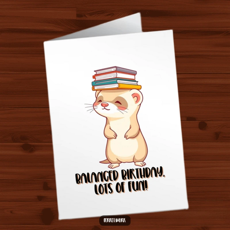 Funny Free Printable Birthday Card showing a ferret precariously balancing a tall stack of files on its head, office chaos.