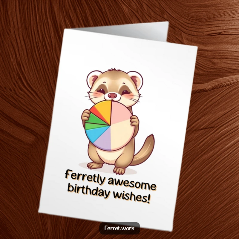 Funny Free Printable Birthday Card: A ferret proudly shows off a colorful pie chart, ready for a birthday celebration.