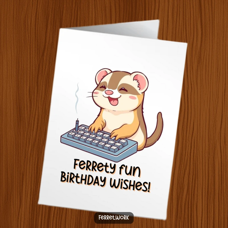 Funny Free Printable Office Ferret Birthday Card: Kawaii ferret gleefully typing on a smoking keyboard, perfect for birthdays.