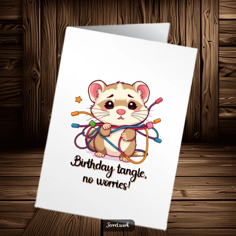 Funny Free Printable Birthday Card showing a kawaii office ferret hilariously stuck in a mess of colorful wires, looking utterly bewildered.