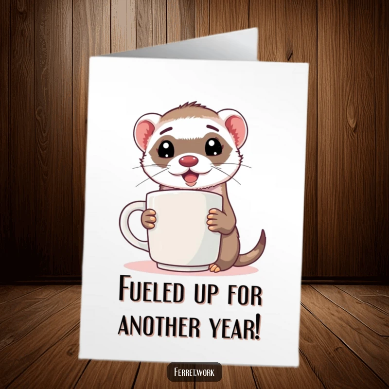 Funny Free Printable Birthday Card: An energized ferret clutching a comically large coffee mug, ready to celebrate.