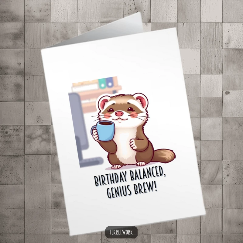 Funny Free Printable Birthday Card: Adorable kawaii office ferret attempting to balance a coffee mug precariously on its tiny nose.
