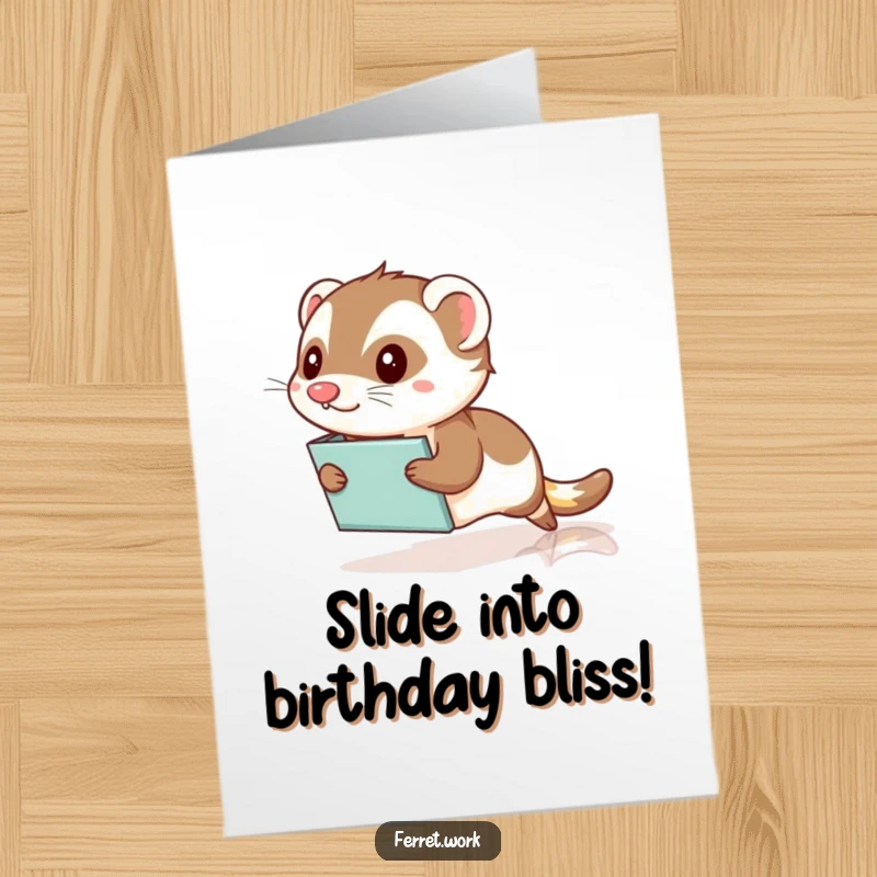 Funny Free Printable Birthday Card: Dynamic kawaii office ferret speed-sliding across a polished floor on a file folder.