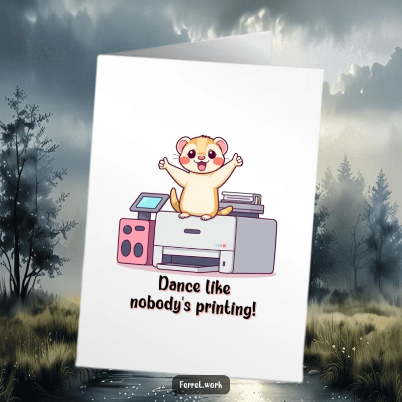 Funny Free Printable Birthday Card: Kawaii office ferret doing a silly victory dance on top of a printer with glee.