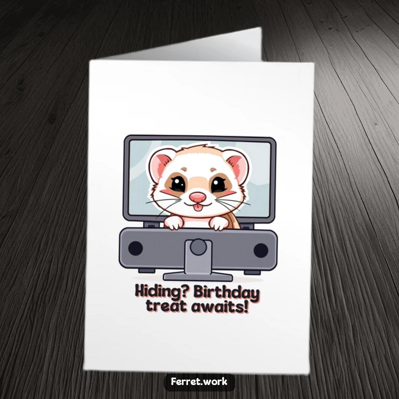 Funny Free Printable Birthday Card featuring a ferret with a sly, mischievous grin, hiding behind a computer monitor.