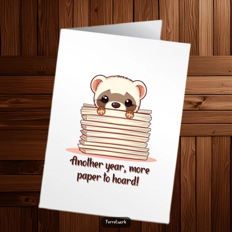 Funny Free Printable Birthday Card: A ferret peeking from behind a giant stack of papers, looking mischievous.