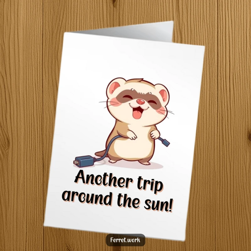 Funny Free Printable Birthday Card: A ferret hilariously tripping over a dangling power cord, mid-fall with wide eyes.