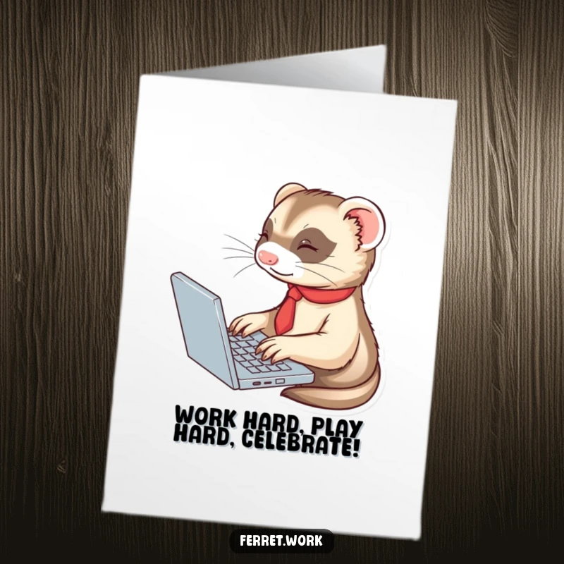 Funny Free Printable Birthday Card of a cute ferret in a tiny tie enthusiastically typing on a laptop, a humorous business greeting.