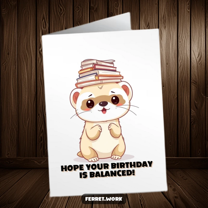 Funny Free Printable Birthday Card: Ferret struggling to balance a tall stack of papers on its head.