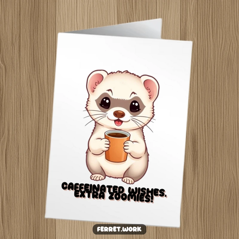 Funny Free Printable Birthday Card: Energetic ferret holding a tiny coffee cup, radiating caffeine-fueled birthday cheer.