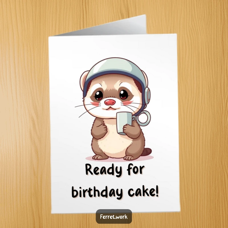 Funny Free Printable Birthday Card: A kawaii office ferret sports a coffee mug as a helmet, looking determined and ready.