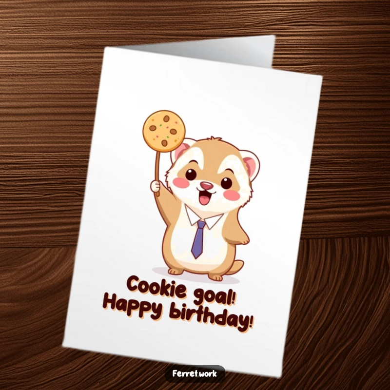 Funny Free Printable Birthday Card: A kawaii office ferret triumphantly holds up a single, delicious-looking cookie with pride.
