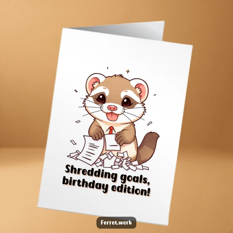 Funny Free Printable Birthday Card: Kawaii ferret gleefully shreds important documents with a devilish grin, office chaos ensues.
