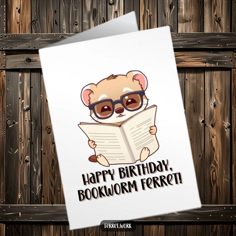 Funny Free Printable Birthday Card: A ferret wearing glasses reads a very large document with obvious amusement and curiosity.